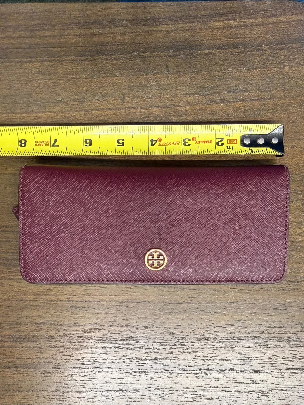 Tory Burch Burgundy Saffiano Leather Continental Wallet with Gold Logo